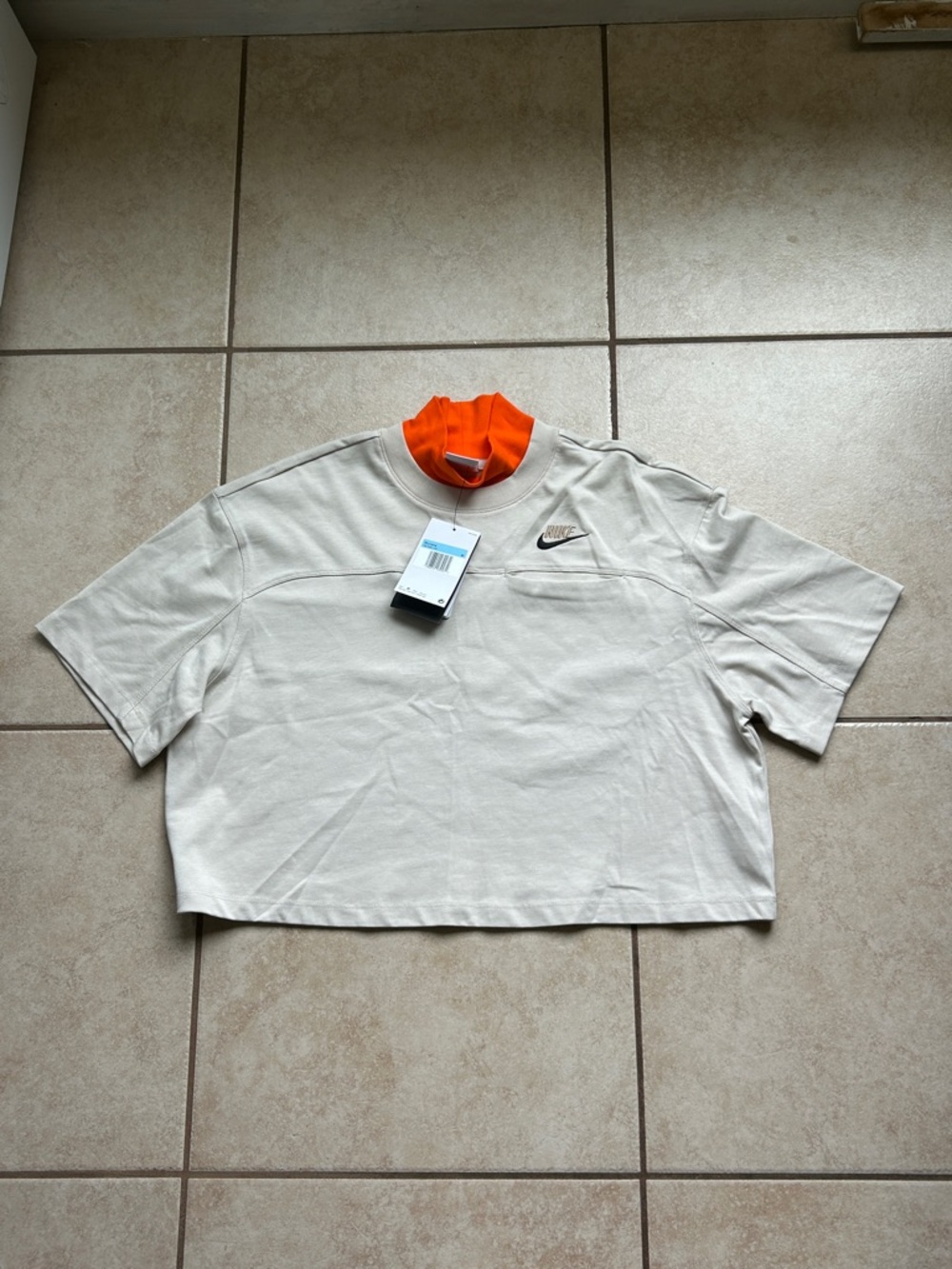 Nike Beige Cropped Tee with Bright Orange Mock Neck